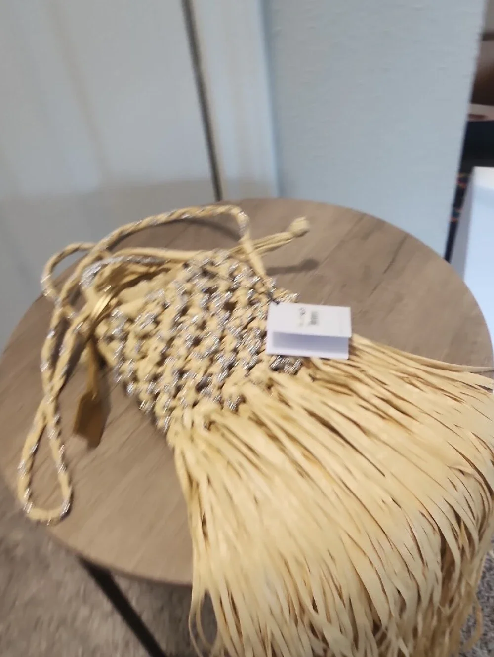 Kurt Geiger Straw Fringe Hanging Bag in Natural with Silver Accents